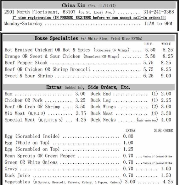 China Kim Chinese Restaurant | restaurant | 2901 N Florissant Ave, St. Louis, MO 63107, USA | 3146986742 OR +1 314-698-6742