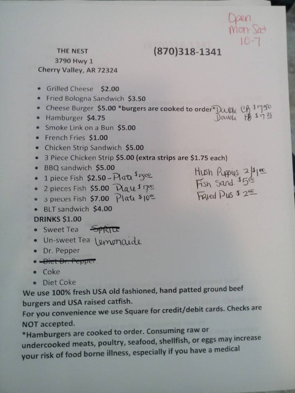 The Nest | restaurant | 8941, 3790 AR-1, Cherry Valley, AR 72324, USA | 8703181341 OR +1 870-318-1341