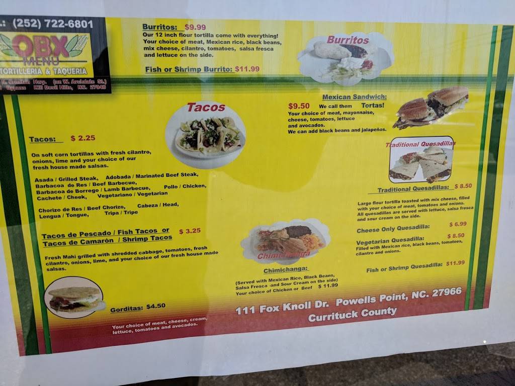 OBX Tortilleria & Taqueria | restaurant | 111 Fox Knoll Dr, Powells Point, NC 27966, USA | 2527226801 OR +1 252-722-6801