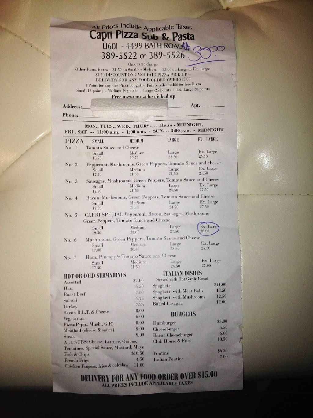 Capri Pizzeria | restaurant | 4499 Bath Rd, Amherstview, ON K7N 1A6, Canada | 6133895522 OR +1 613-389-5522