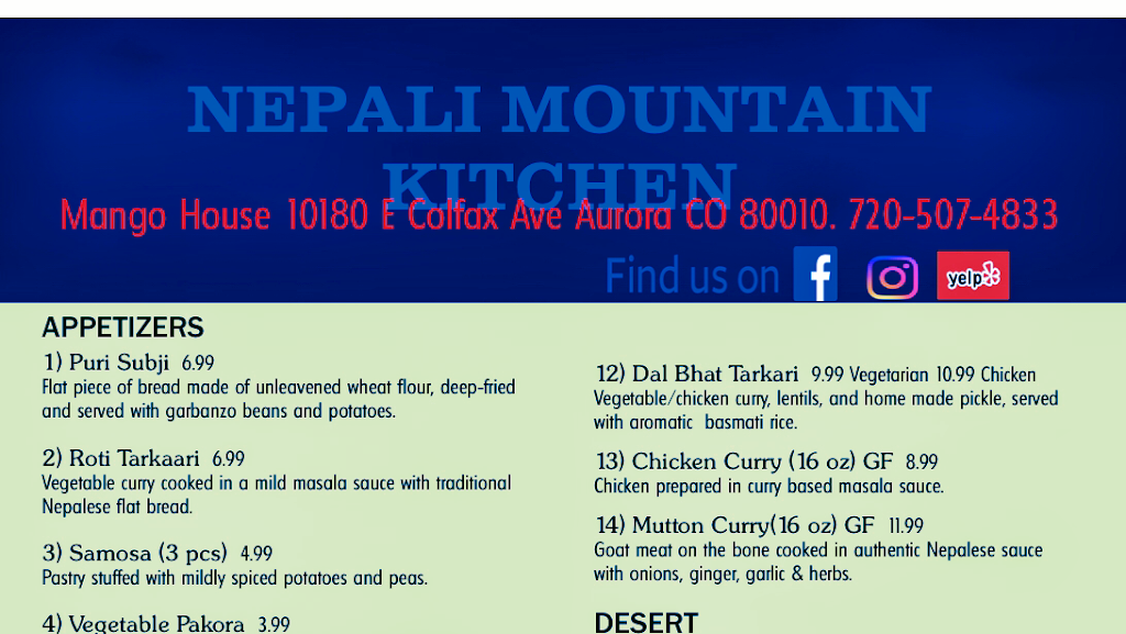 Nepali Mountain Kitchen | restaurant | Suits 115, 10180 E Colfax Ave, Aurora, CO 80010, USA | 7205074833 OR +1 720-507-4833