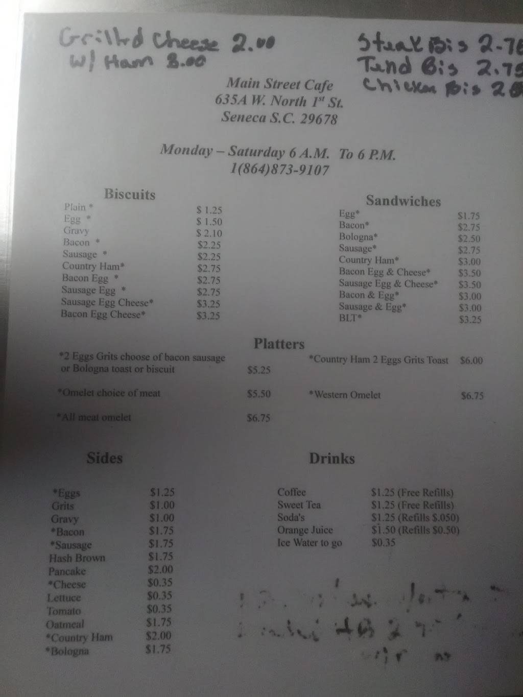 Main Street Cafe | restaurant | 635a W North 1st St, Seneca, SC 29678, USA | 8648739107 OR +1 864-873-9107