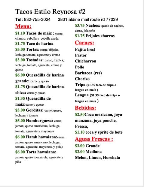 Tacos Estilo Reynosa #2 | restaurant | 3801 Aldine Mail Rte Rd, Houston, TX 77039, USA | 8329753024 OR +1 832-975-3024