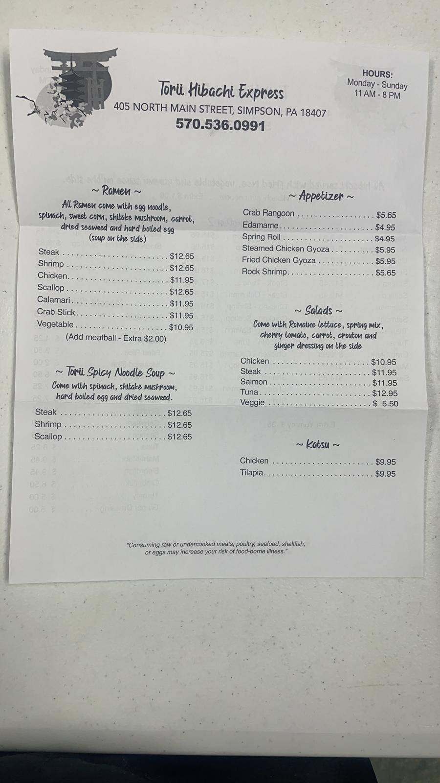 Torii Hibachi Express | restaurant | 405 N Main St, Simpson, PA 18407, USA | 5709047686 OR +1 570-904-7686