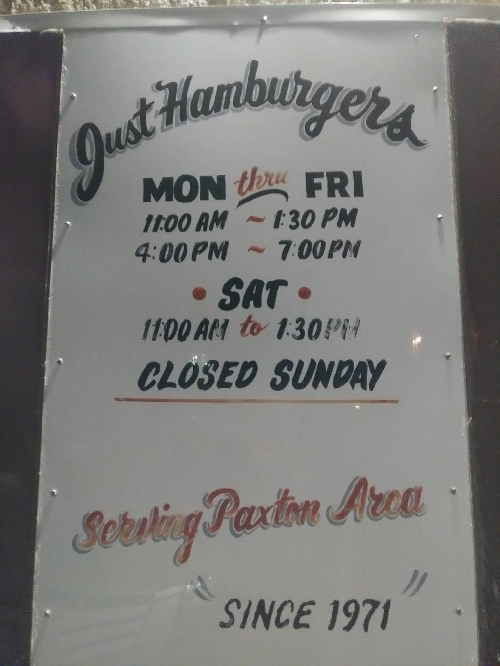 Just Hamburgers | restaurant | 214 Ottawa Rd, Paxton, IL 60957, USA | 2173794222 OR +1 217-379-4222
