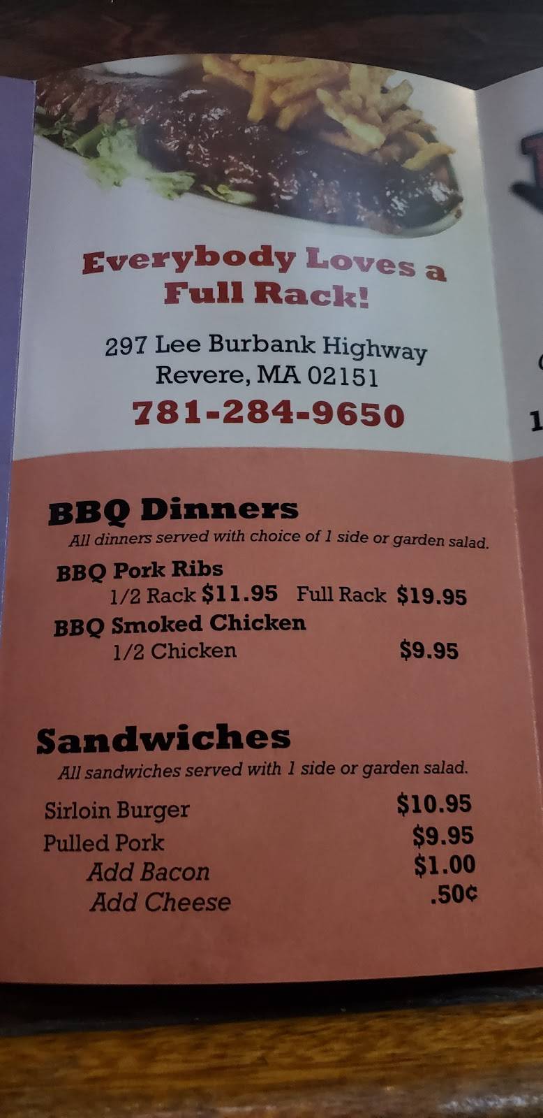The Full Rack Smokehouse | restaurant | 297 Lee Burbank Hwy, Revere, MA 02151, USA | 7812849650 OR +1 781-284-9650