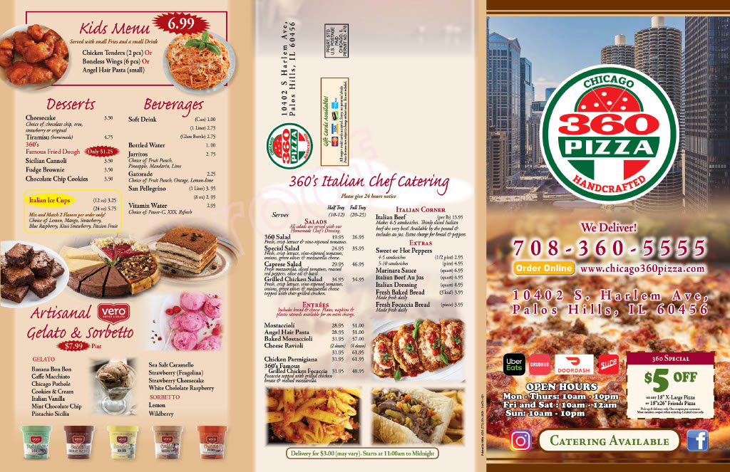 360 pizza inc | restaurant | 10402 S Harlem Ave, Palos Hills, IL 60465, USA | 7083605555 OR +1 708-360-5555