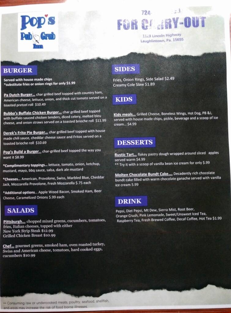 Pops Pub & Grub Inn | restaurant | 1129 US-30, Laughlintown, PA 15655, USA | 7242382500 OR +1 724-238-2500