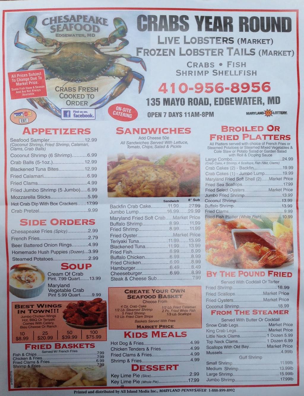 Chesapeake Seafood Inc | restaurant | 135 Mayo Rd, Edgewater, MD 21037, USA | 4109568956 OR +1 410-956-8956