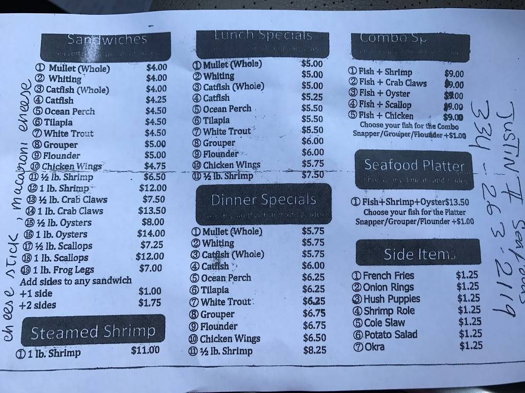 Justin Seafood | restaurant | 1870 Mt Meigs Rd, Montgomery, AL 36107, USA | 3342632119 OR +1 334-263-2119