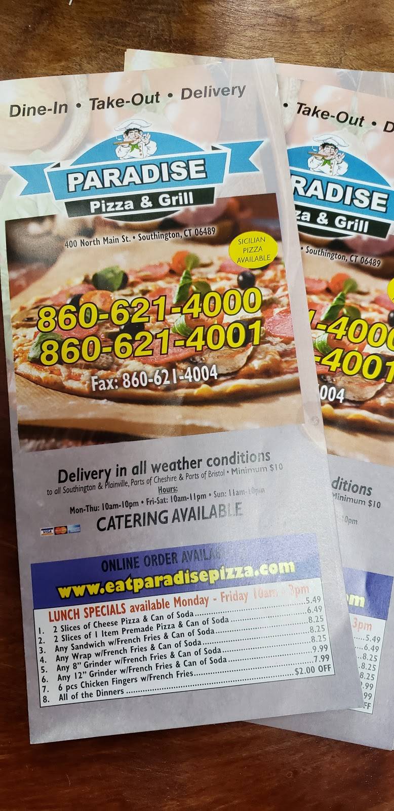 Paradise Pizza & Grill | restaurant | 400 N Main St, Southington, CT 06489, USA | 8606214000 OR +1 860-621-4000