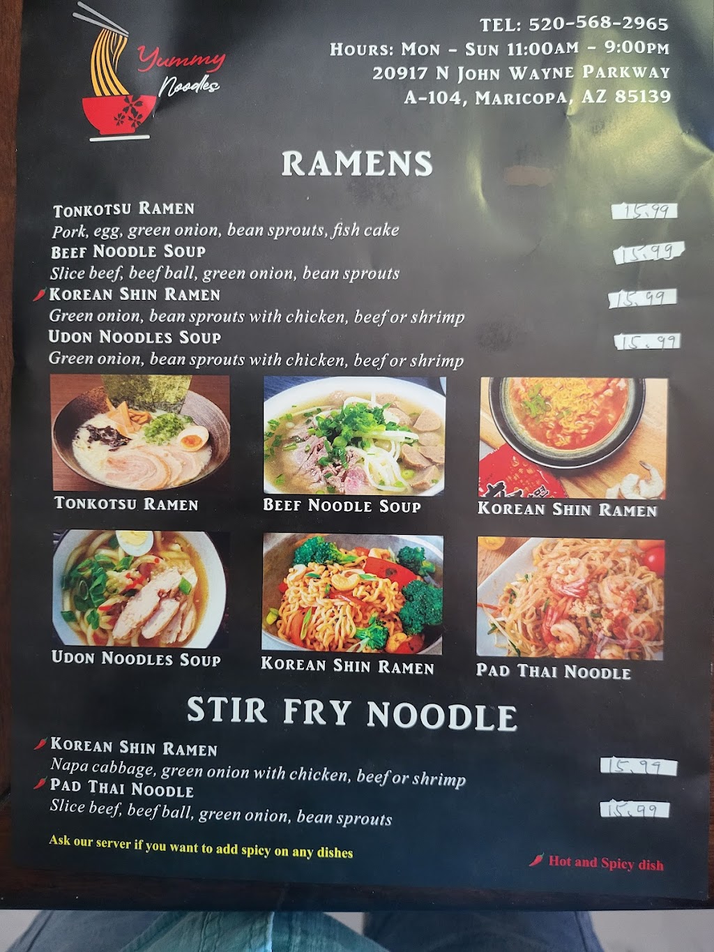 Yummy Noodles | restaurant | 20917 N John Wayne Pkwy Ste A104, Maricopa, AZ 85138, USA | 5205682965 OR +1 520-568-2965