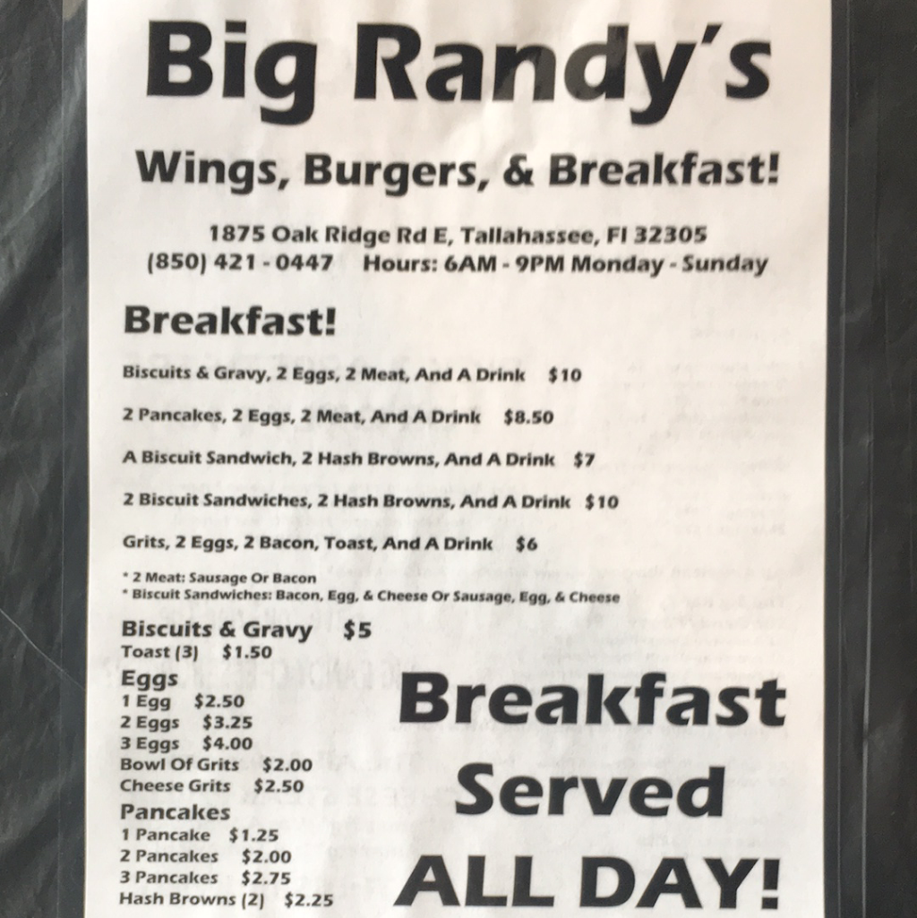 Big Randy’s | restaurant | 1875 Oak Ridge Rd E, Tallahassee, FL 32305, USA | 8504210447 OR +1 850-421-0447
