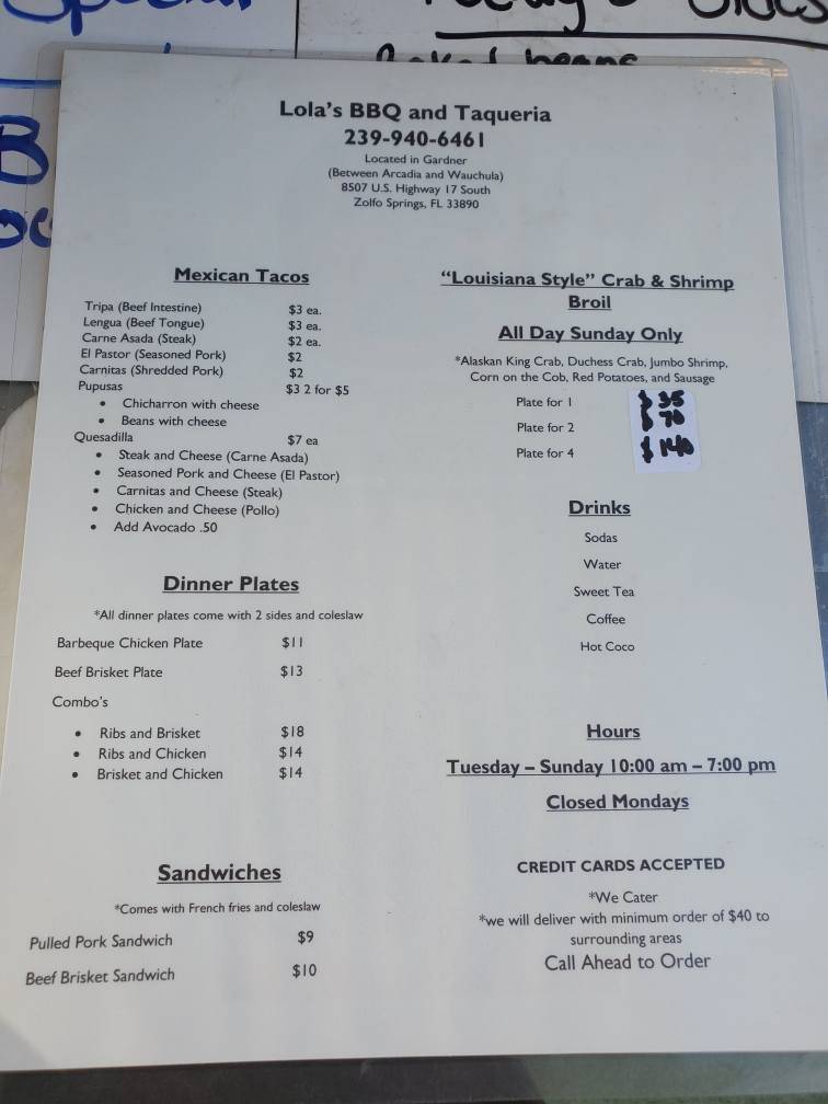 Lolas BBQ and Taqueria | restaurant | Zolfo Springs, FL 33890, USA | 2399406461 OR +1 239-940-6461