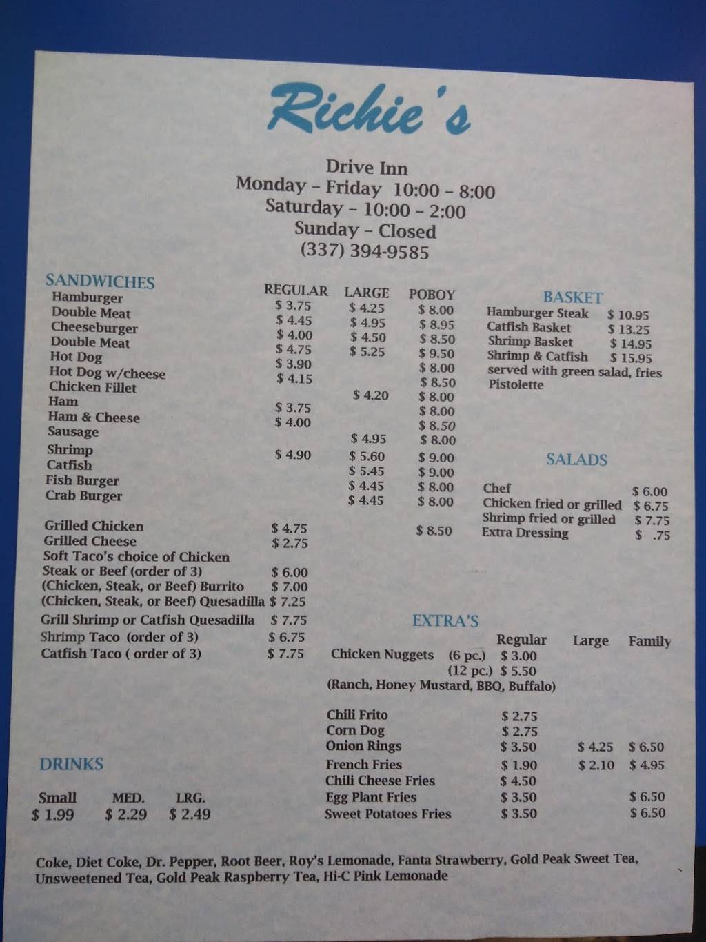 Richies Drive Inn | restaurant | 116 N Main St, St Martinville, LA 70582, USA | 3373949585 OR +1 337-394-9585