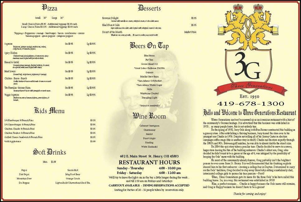 Three Generations | restaurant | 682 E Main St, St Henry, OH 45883, USA | 4196781300 OR +1 419-678-1300