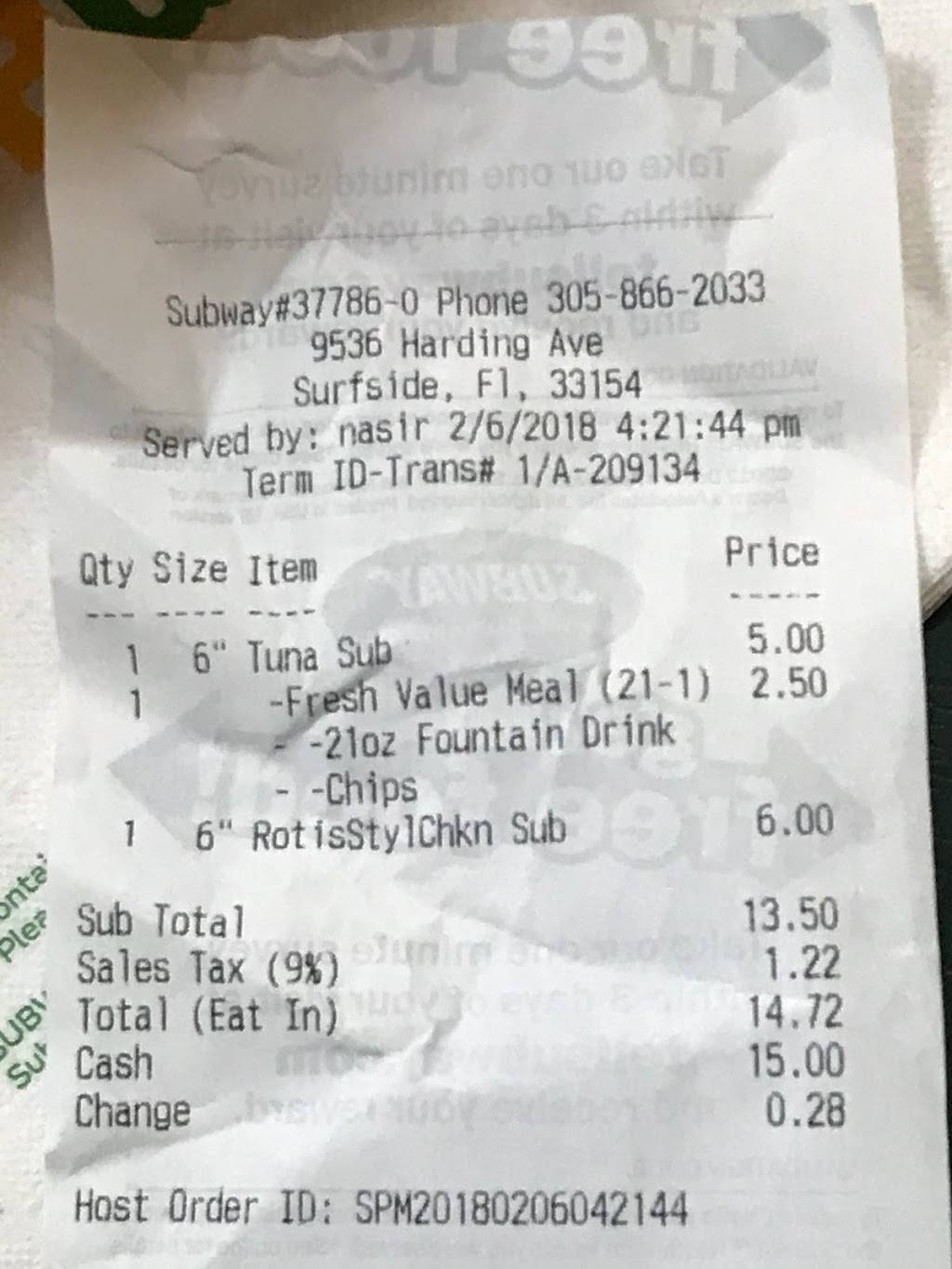 Subway | restaurant | 9536 Harding Ave, Surfside, FL 33154, USA | 3058662033 OR +1 305-866-2033