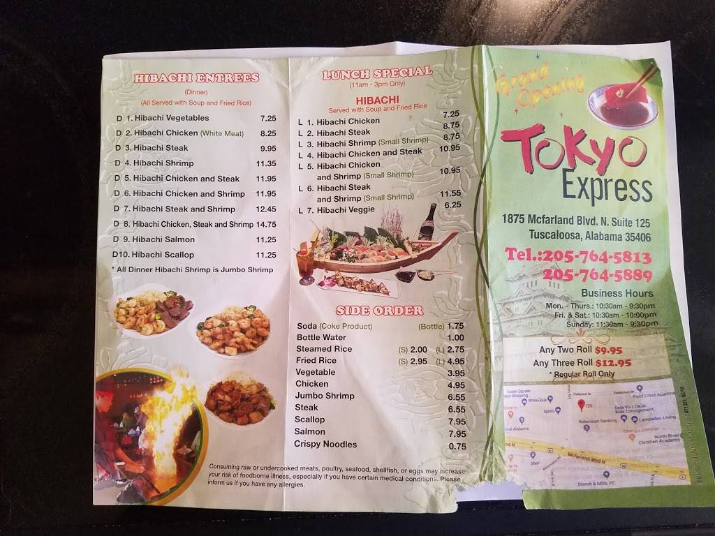 Tokyo Express | restaurant | 1875 Mcfarland Blvd N Suite 125, Tuscaloosa, AL 35406, USA | 2057645813 OR +1 205-764-5813
