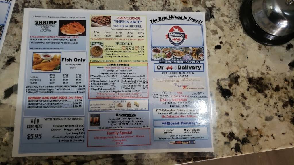 4 Season Wings | restaurant | 1580 Holcomb Bridge Rd, Roswell, GA 30076, USA | 6785345018 OR +1 678-534-5018