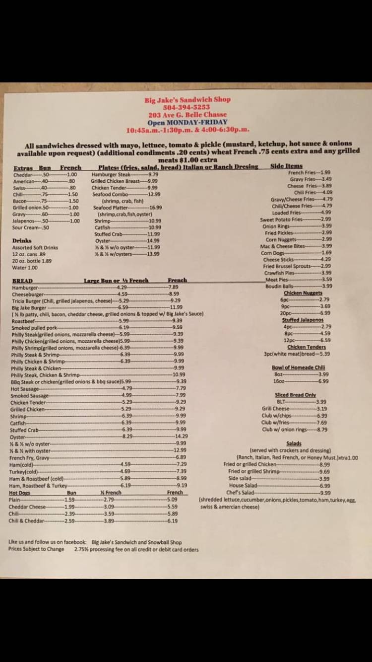 Big Jakes Sandwich Shop | restaurant | 203 Ave G, Belle Chasse, LA 70037, USA | 5043945253 OR +1 504-394-5253