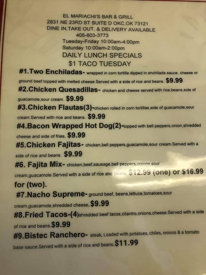 El Mariachi Mexican restaurant | restaurant | 2831 NE 23rd St, Oklahoma City, OK 73121, USA | 4056737885 OR +1 405-673-7885