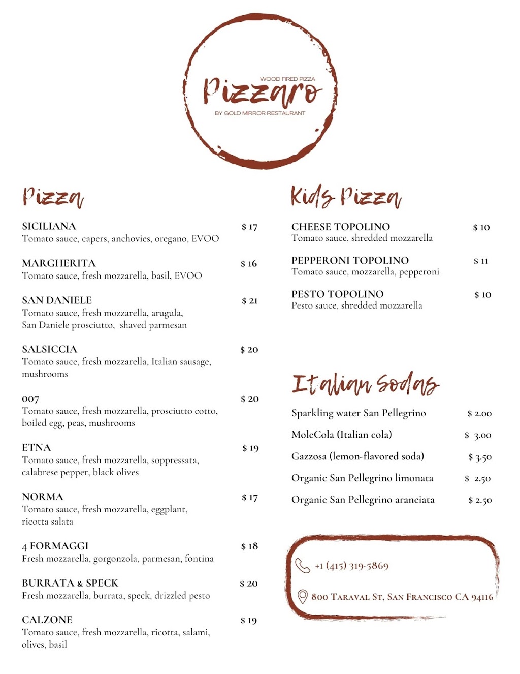 Pizzaro | restaurant | 800 Taraval St, San Francisco, CA 94116, USA | 4153195869 OR +1 415-319-5869