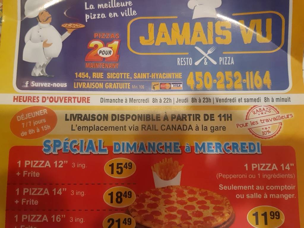 Restaurant pizza jamais vu | restaurant | 1454 Rue Sicotte, Saint-Hyacinthe, QC J2S 2J6, Canada | 4502521164 OR +1 450-252-1164