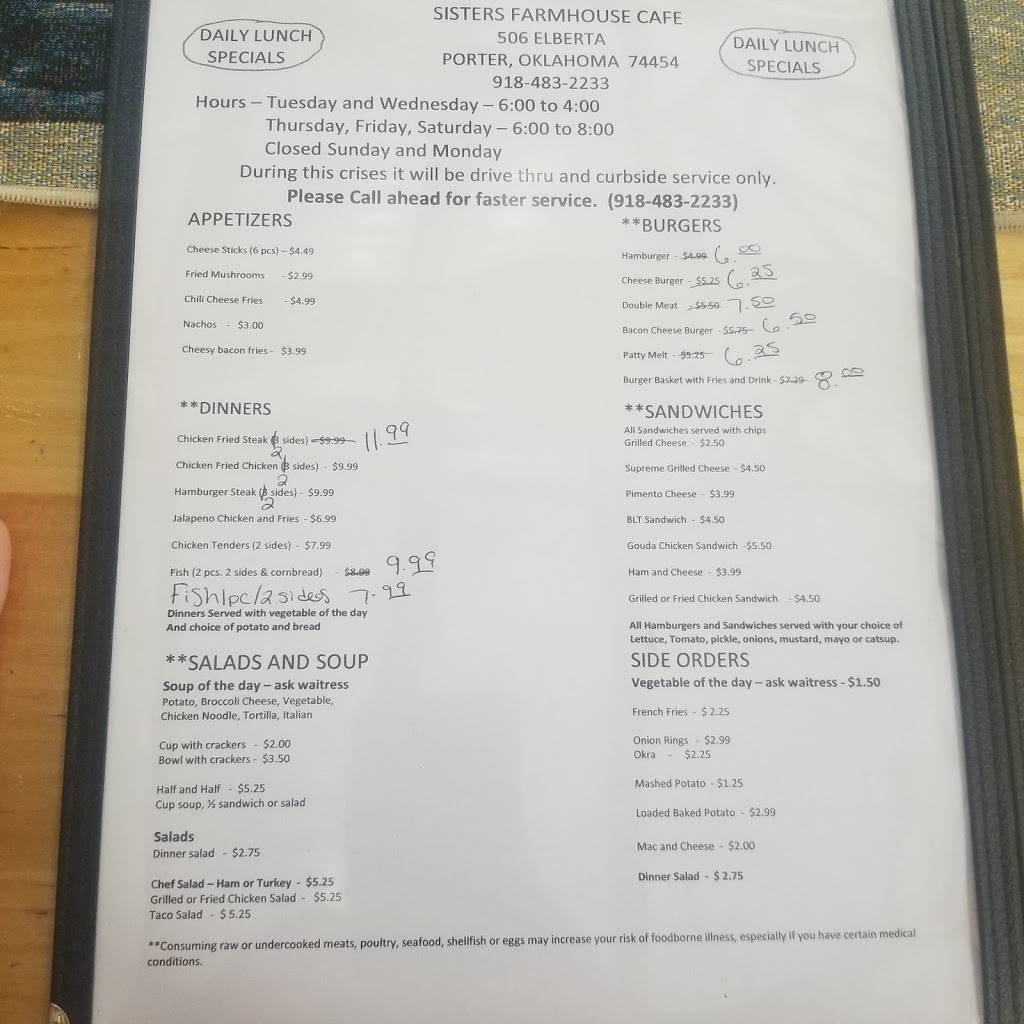 Sisters Farmhouse Cafe | restaurant | 506 Elberta Ave, Porter, OK 74454, USA | 9184832233 OR +1 918-483-2233