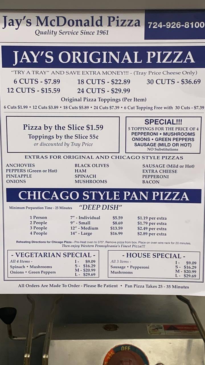 Jays McDonald Pizza Shop | meal takeaway | 114 E Lincoln Ave, McDonald, PA 15057, USA | 7249268100 OR +1 724-926-8100
