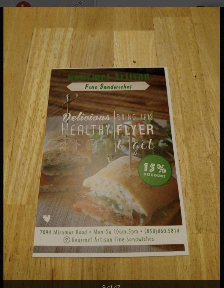 Gourmet Artisan Fine Sandwiches | restaurant | 7094 Miramar Rd #105, San Diego, CA 92121, USA | 8588605814 OR +1 858-860-5814