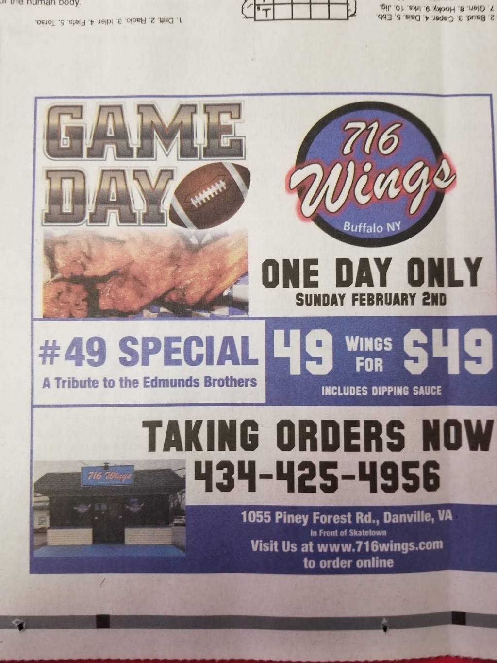 716 Wings | restaurant | 1055 Piney Forest Rd, Danville, VA 24540, USA | 4344254956 OR +1 434-425-4956