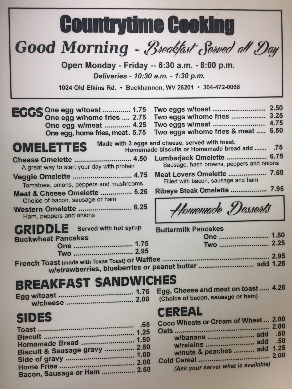 Countrytime Cooking | restaurant | 1024 Old Elkins Rd, Buckhannon, WV 26201, USA | 3044720068 OR +1 304-472-0068