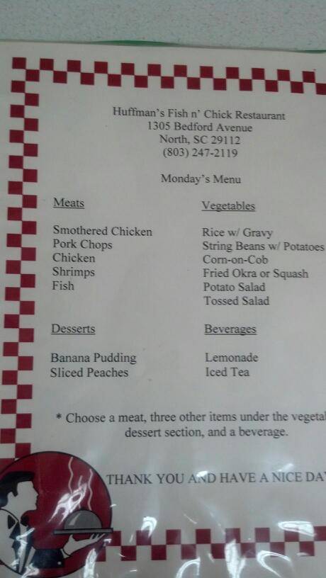 Huffmans Fish N Chick | restaurant | 1305 Bedford Ave, North, SC 29112, USA | 8032472119 OR +1 803-247-2119