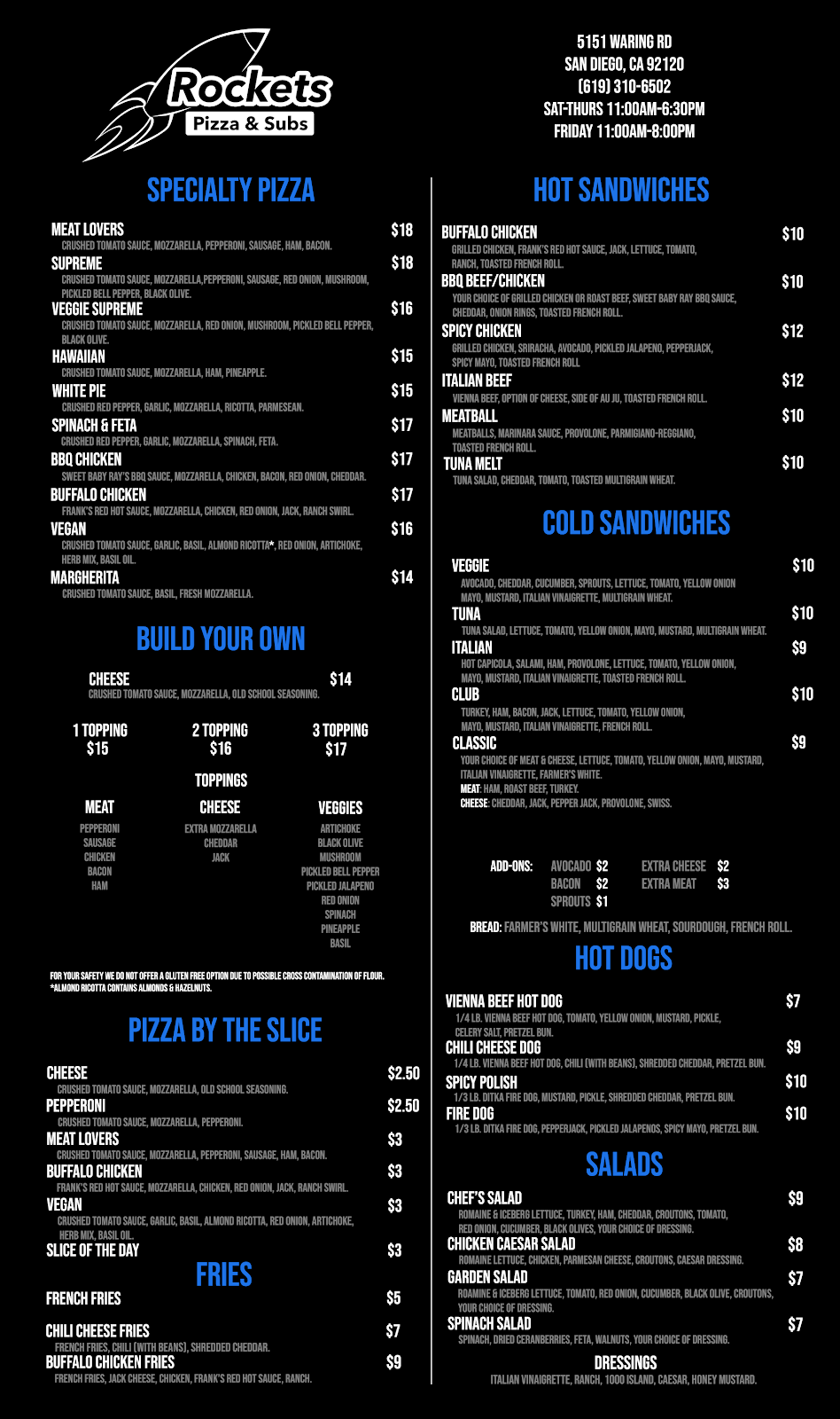 Rockets Pizza and Subs | meal takeaway | 5151 Waring Rd, San Diego, CA 92120, USA | 6193106502 OR +1 619-310-6502