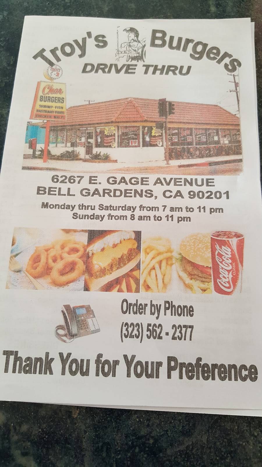 Olympic Troys Burgers # 2 | restaurant | 6267 Gage Ave, Bell Gardens, CA 90201, USA | 3235622377 OR +1 323-562-2377