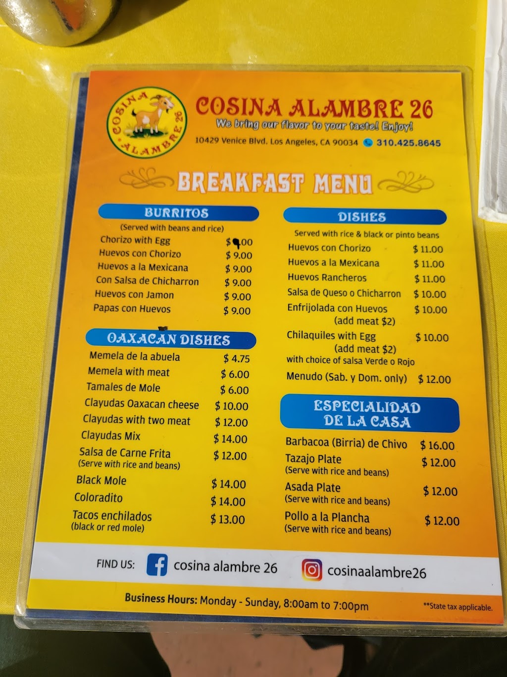 Cosina 26 Alambre | restaurant | 10429 Venice Blvd., Los Angeles, CA 90034, USA | 3104258645 OR +1 310-425-8645