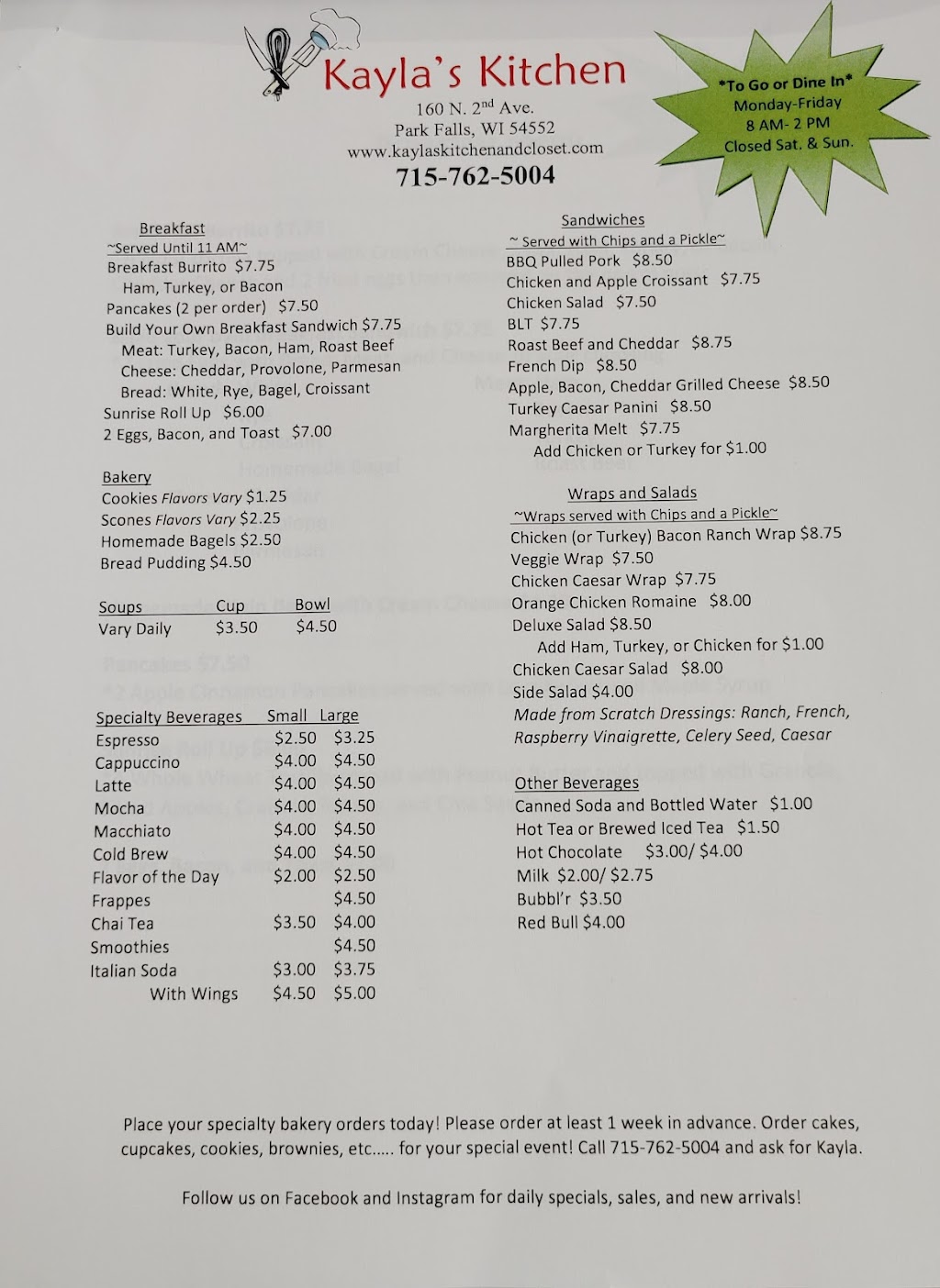 Kaylas Kitchen and Closet | restaurant | 160 2nd Ave N, Park Falls, WI 54552, USA | 7157625004 OR +1 715-762-5004