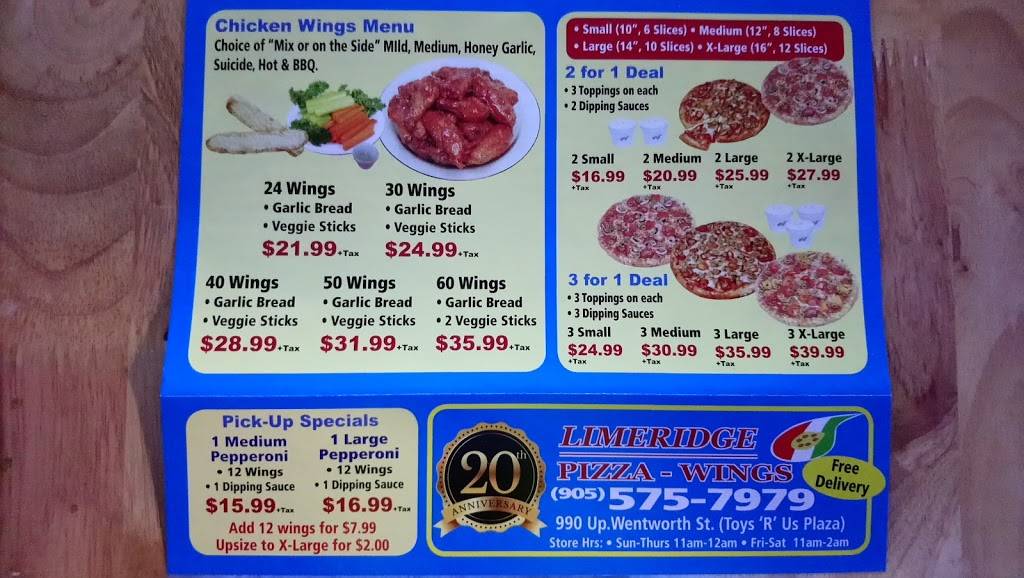 Limeridge Pizza & Wings | restaurant | 990 Upper Wentworth St, Hamilton, ON L9A 4V9, Canada | 9055757979 OR +1 905-575-7979