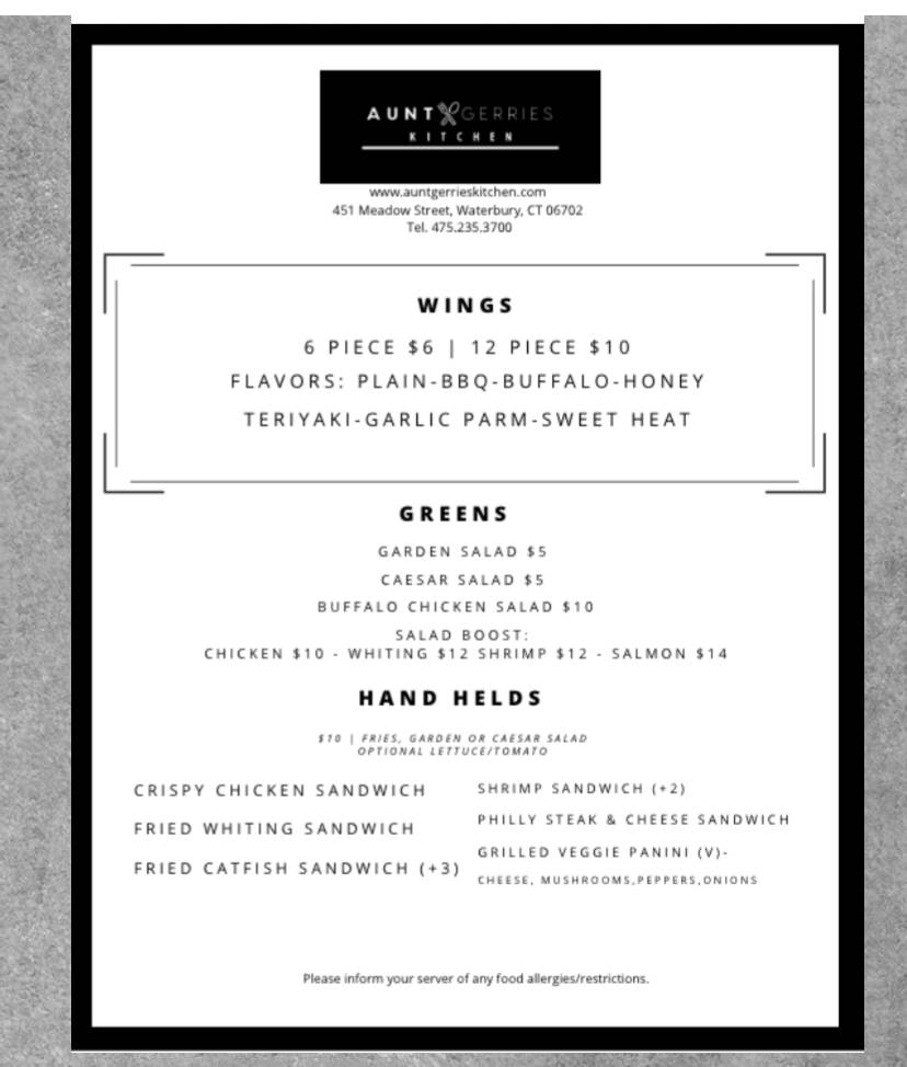 Aunt Gerries Kitchen | restaurant | 451 Meadow St, Waterbury, CT 06702, USA | 4752353700 OR +1 475-235-3700