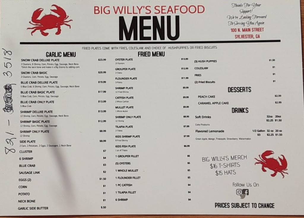 Big Willys Seafood | restaurant | 100 N Main St, Sylvester, GA 31791, USA | 2293527740 OR +1 229-352-7740