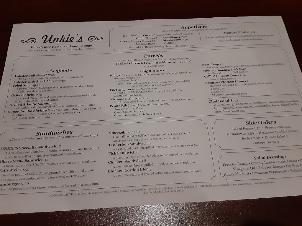 Unkie’s Entertainer Restaurant and Lounge | restaurant | 222 N Ann St, Thor, IA 50591, USA | 5153783309 OR +1 515-378-3309