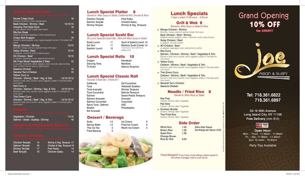 Joe Asian & Sushi | restaurant | 33-19 36th Ave, Queens, NY 11106, USA | 7183616822 OR +1 718-361-6822