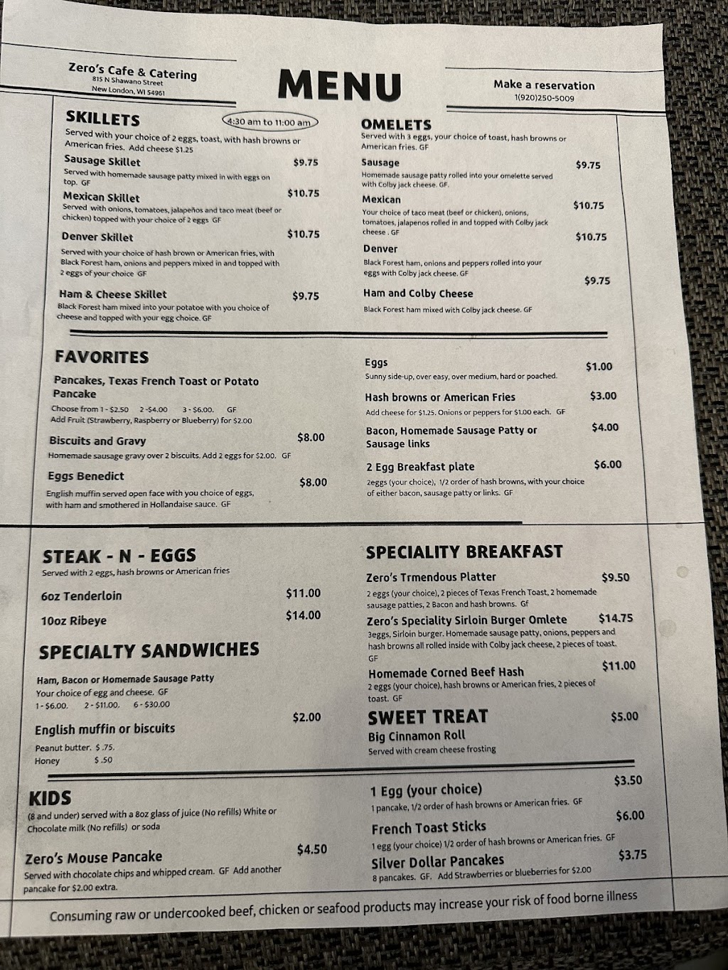 Zero’s Cafe & Catering | restaurant | 815 N Shawano St, New London, WI 54961, USA | 9202505009 OR +1 920-250-5009