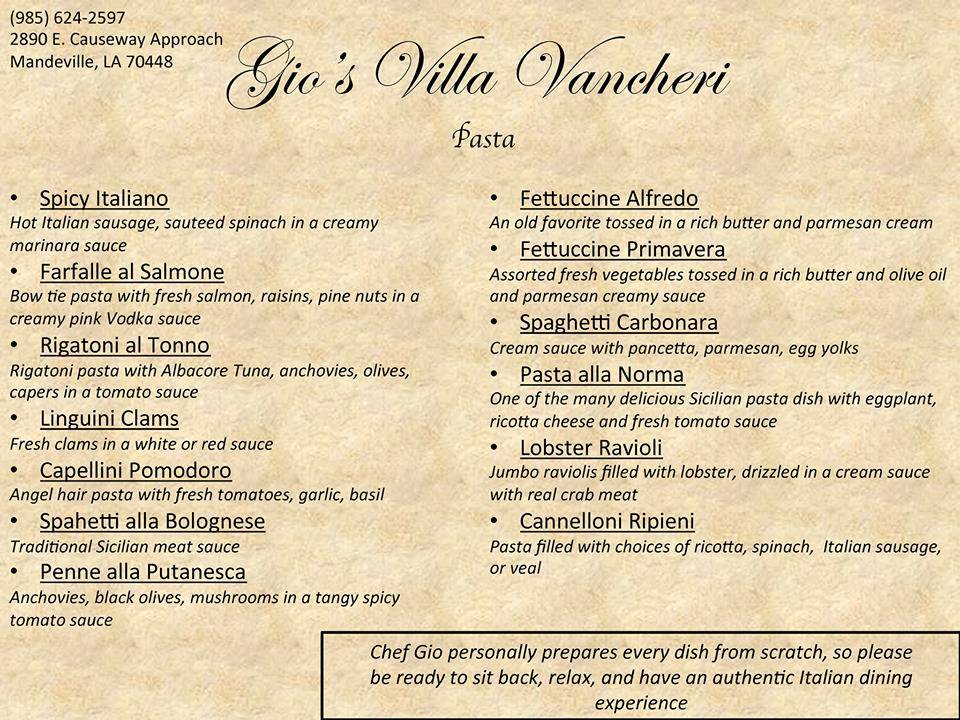 Gios Villa Vancheri | restaurant | 690 Lafitte St, Mandeville, LA 70448, USA | 9856242597 OR +1 985-624-2597