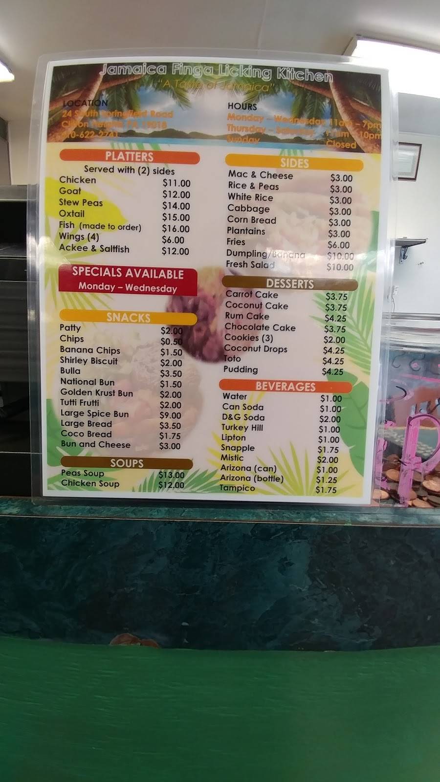 Jamaica Finga Licking Kitchen | restaurant | 24 S Springfield Rd, Clifton Heights, PA 19018, USA | 6106222741 OR +1 610-622-2741