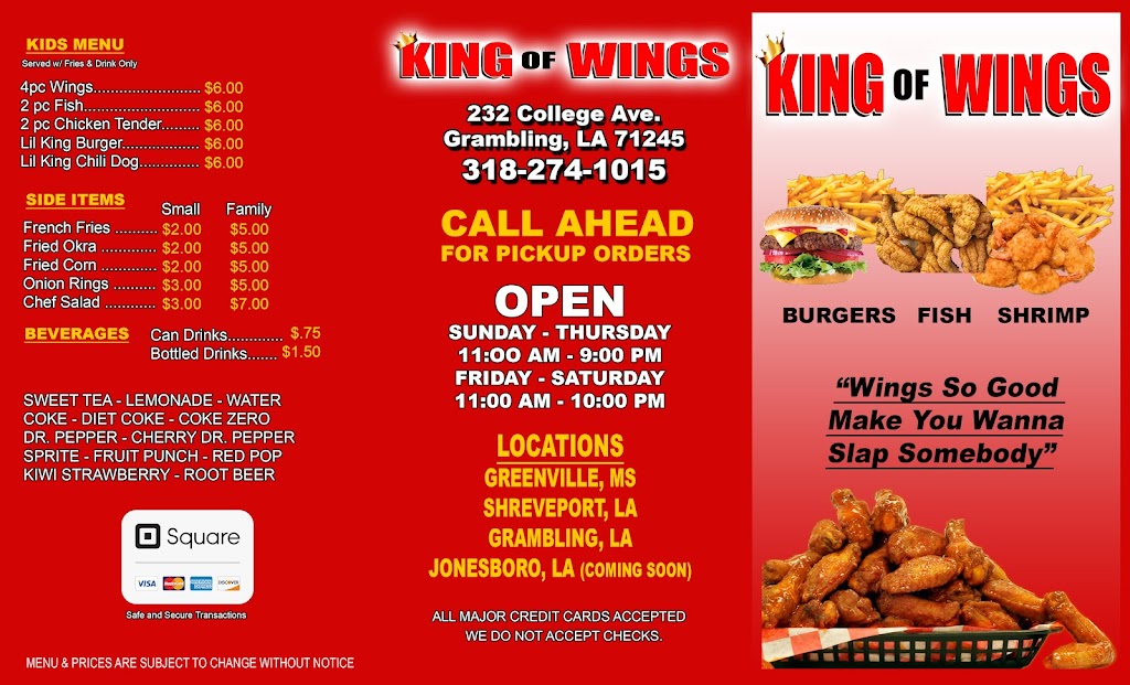 King of Wings | restaurant | 232 College Ave, Grambling, LA 71245, USA | 3182741015 OR +1 318-274-1015