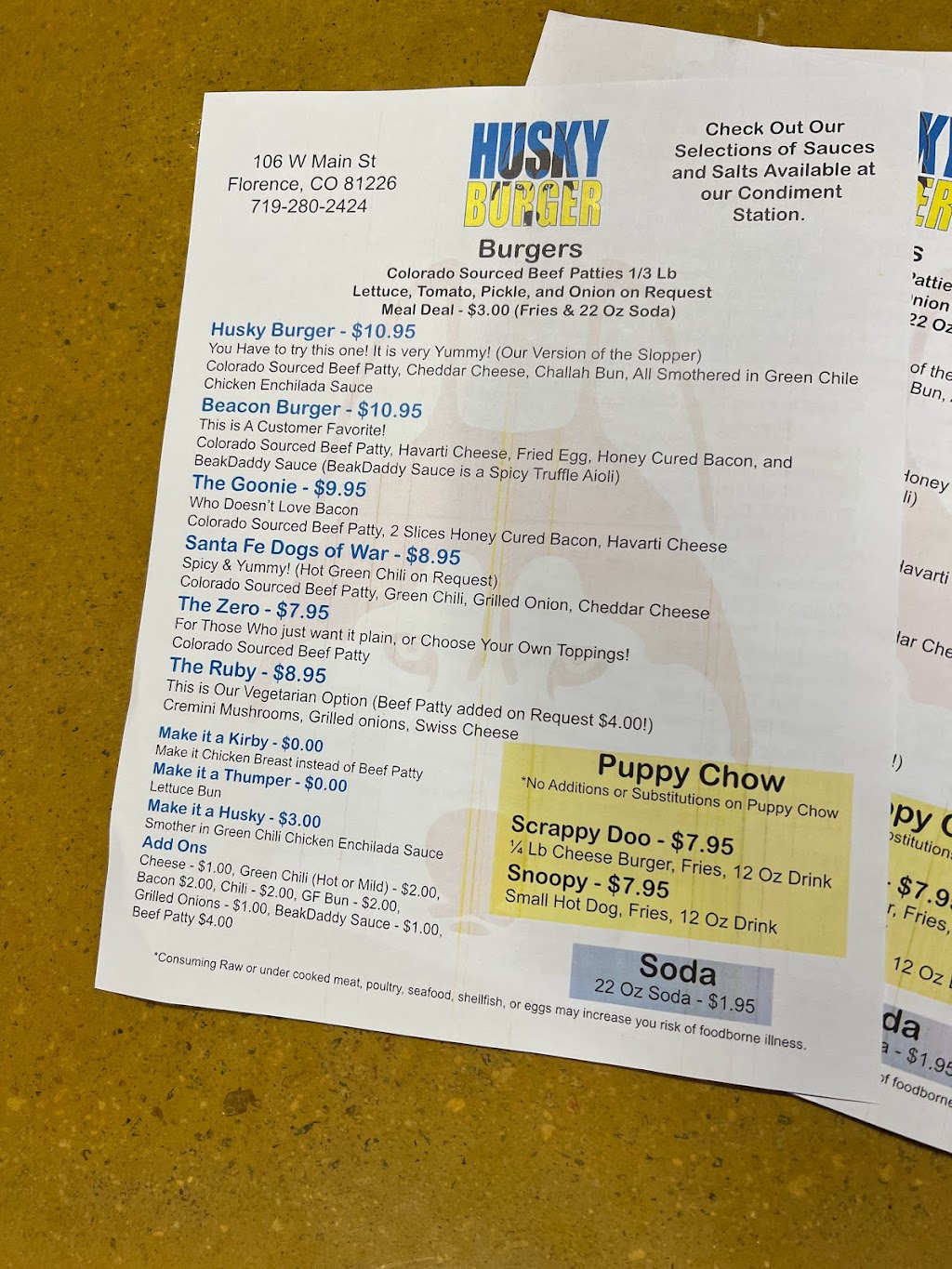 Husky Burger | restaurant | 106 W Main St, Florence, CO 81226, USA | 7192802424 OR +1 719-280-2424