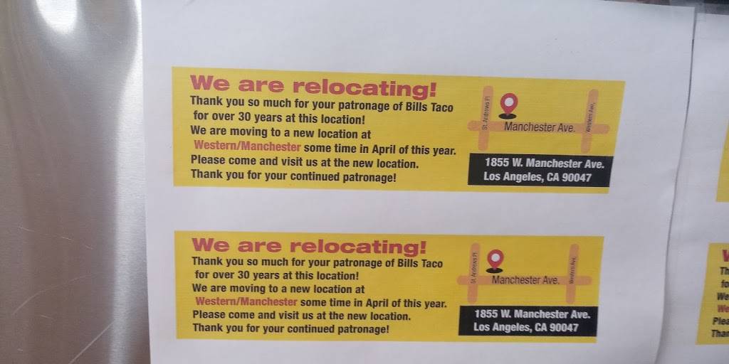 Bills Taco House #3 | restaurant | 3292 W Slauson Ave, Los Angeles, CA 90043, USA | 3232954500 OR +1 323-295-4500