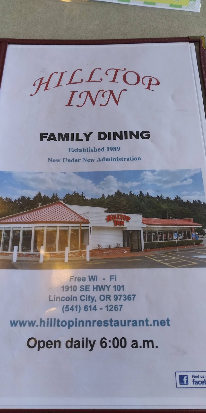 Hilltop Inn Family dining | restaurant | 1910 SE Hwy 101, Lincoln City, OR 97367, USA | 5416141267 OR +1 541-614-1267