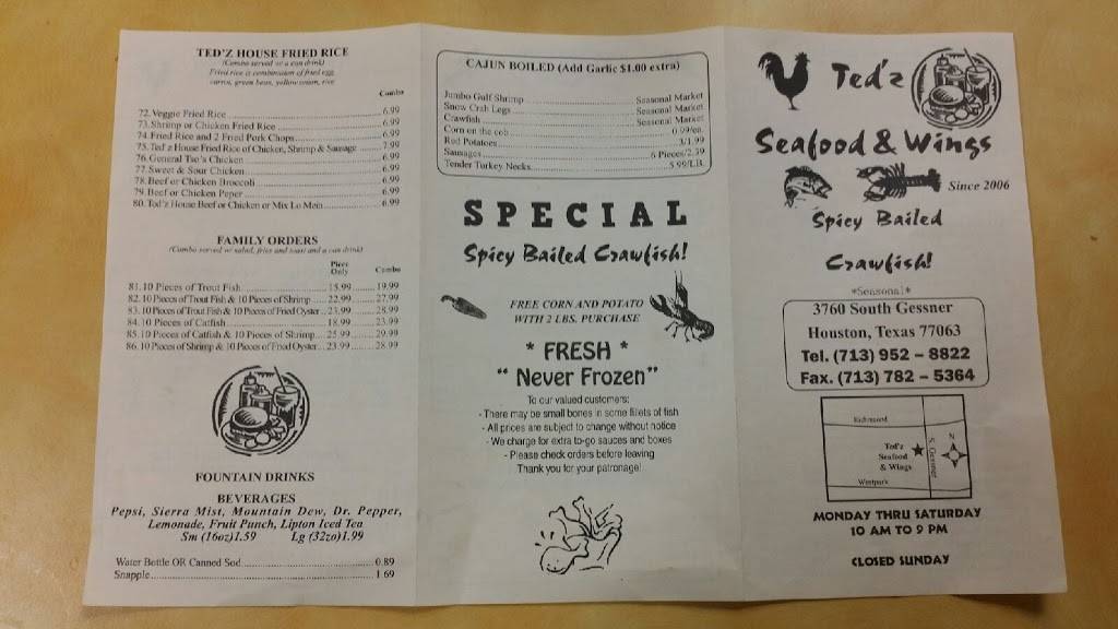 Tedz Seafood & Wings | restaurant | 3706 S Gessner Rd, Houston, TX 77063, USA | 7139528822 OR +1 713-952-8822